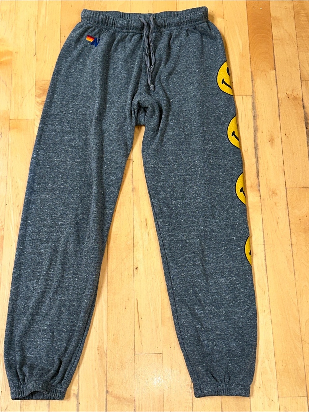 Aviator Nation L Gray Sweatpants with Yellow Smiley Side Print